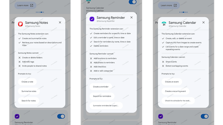 Samsung Notes, Samsung Hatırlatıcı ve Samsung Takvim özelliklerini ve istemlerini gösteren üç mobil ekran. Samsung Notes, Samsung Hatırlatıcı ve Samsung Takvim özelliklerini ve istemlerini gösteren üç mobil ekran.