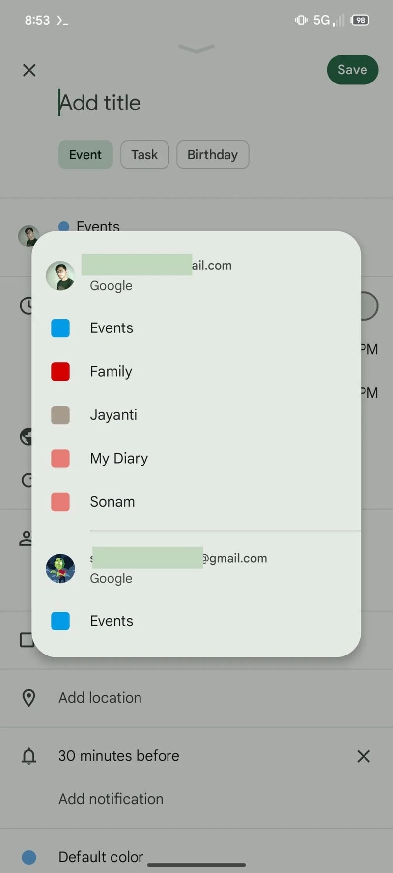 Akıllı telefondaki Google Takvim uygulamasının ekran görüntüsü.