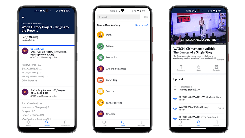 Tarih ve diğer konularda eğitim içeriği gösteren üç akıllı telefon ekranı. Tarih ve diğer konularda eğitim içeriği gösteren üç akıllı telefon ekranı.