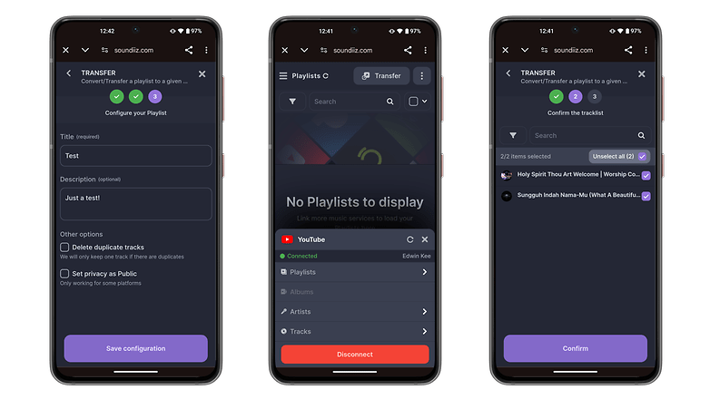 Soundiz çalma listesi aktarım arayüzünü gösteren üç akıllı telefon ekranı. Soundiz çalma listesi aktarım arayüzünü gösteren üç akıllı telefon ekranı.