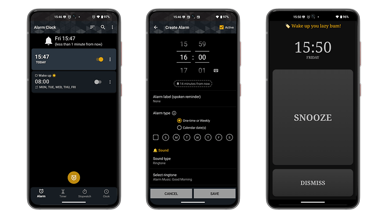 Üç akıllı telefon ekranı, geçerli saat ve alarm saati ayarlarının bulunduğu alarm saati arayüzlerini gösterir. Üç akıllı telefon ekranı, geçerli saat ve alarm saati ayarlarının bulunduğu alarm saati arayüzlerini gösterir.