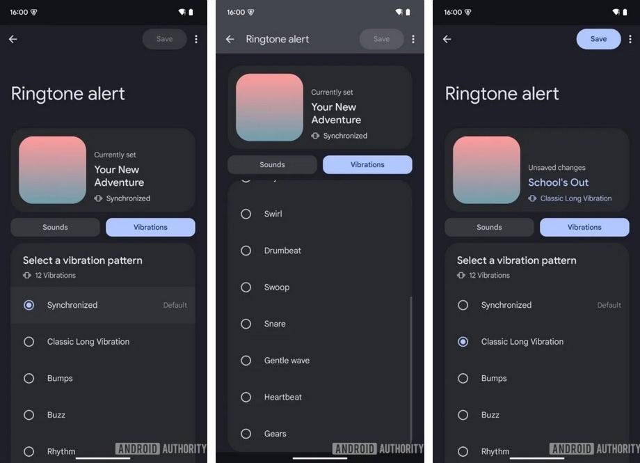 Google Sesler 3.2 Zil Sesi Uyarı Seçenekleri. | Image Credit -Android Authority - Cool Yeni Özellik, Pixel kullanıcılarına telefonlarından hissettikleri titreşimler üzerinde daha fazla kontrol sağlayacak