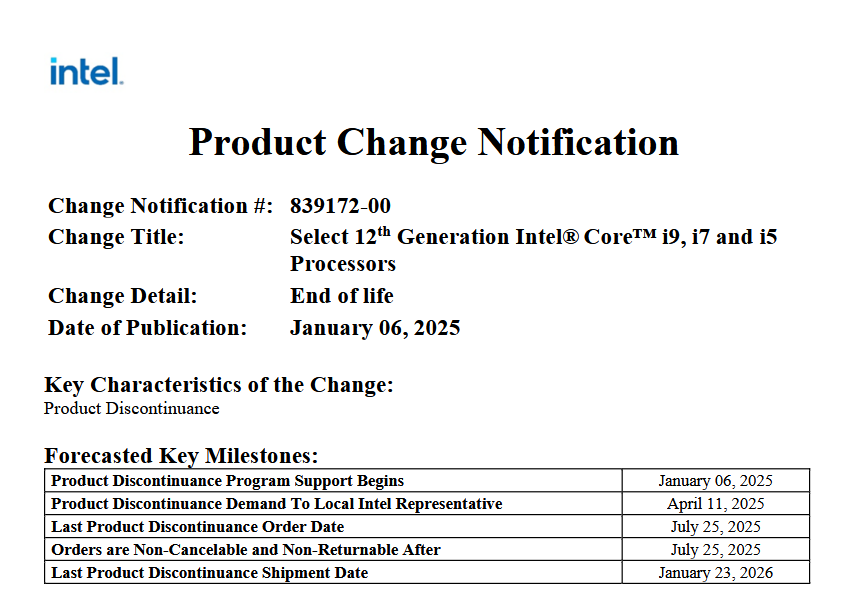 Intel Ürünlerinin Sona Erdirilmesi