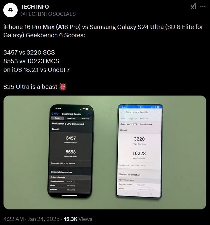 iPhone 16 Pro Max ile Samsung Galaxy S25 Ultra arasındaki Geekbench sonuçlarını gösteren Tweet.