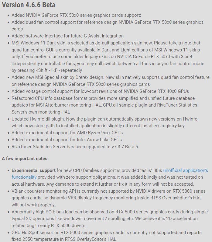 MSI Afterburner 4.6.6 Sürüm Notları