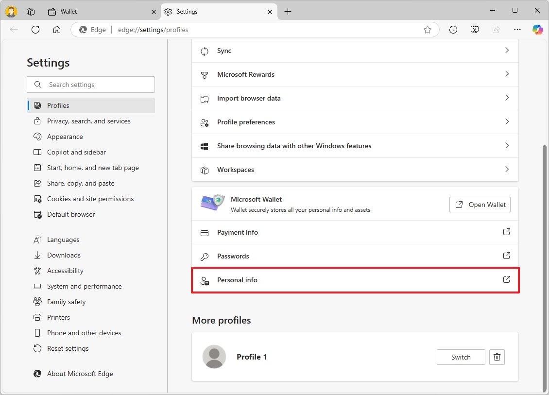 Microsoft Edge Kişisel bilgi ayarları