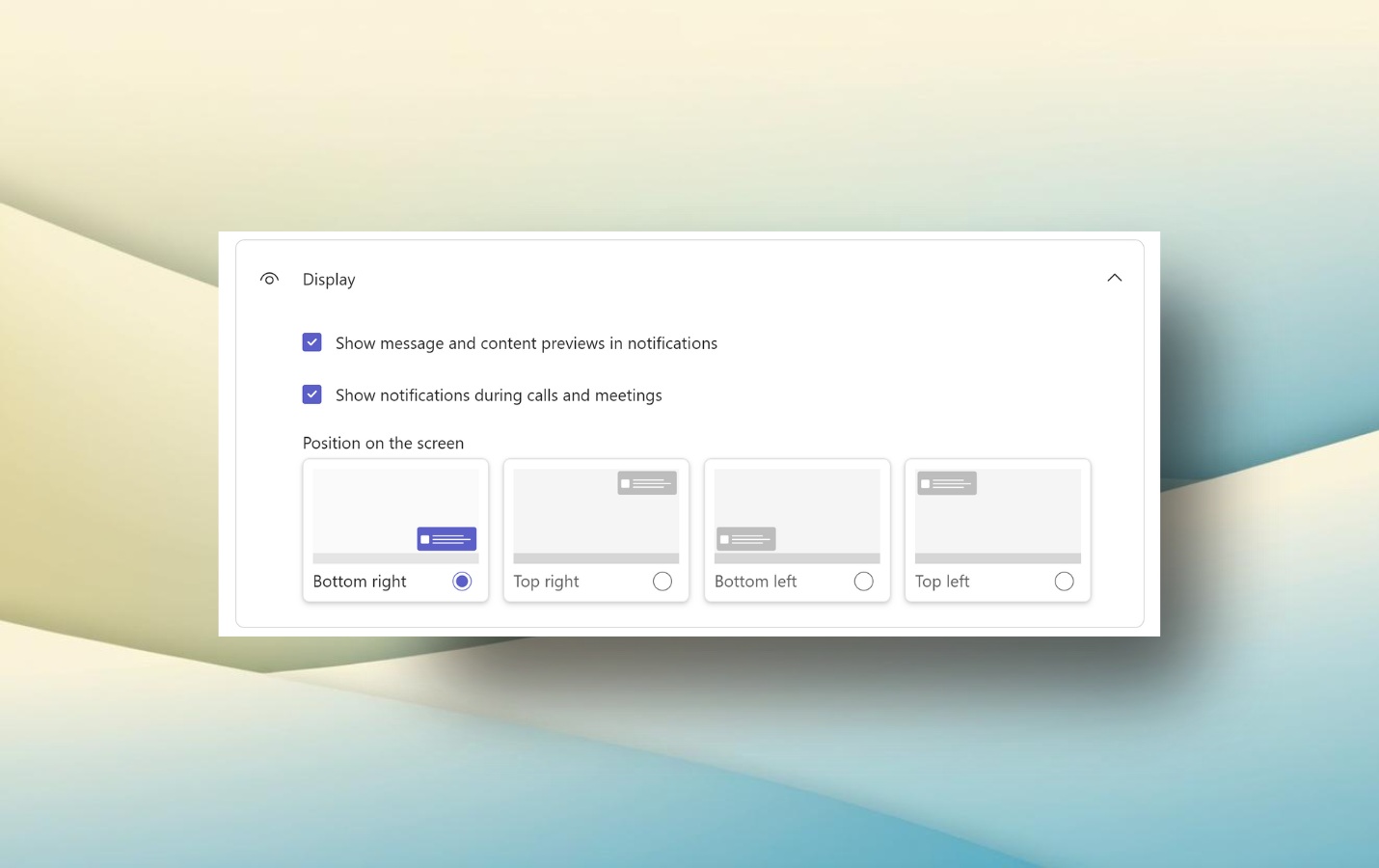 Bildirimlerin nerede görüneceğini özelleştirmek için Microsoft Teams seçeneği.