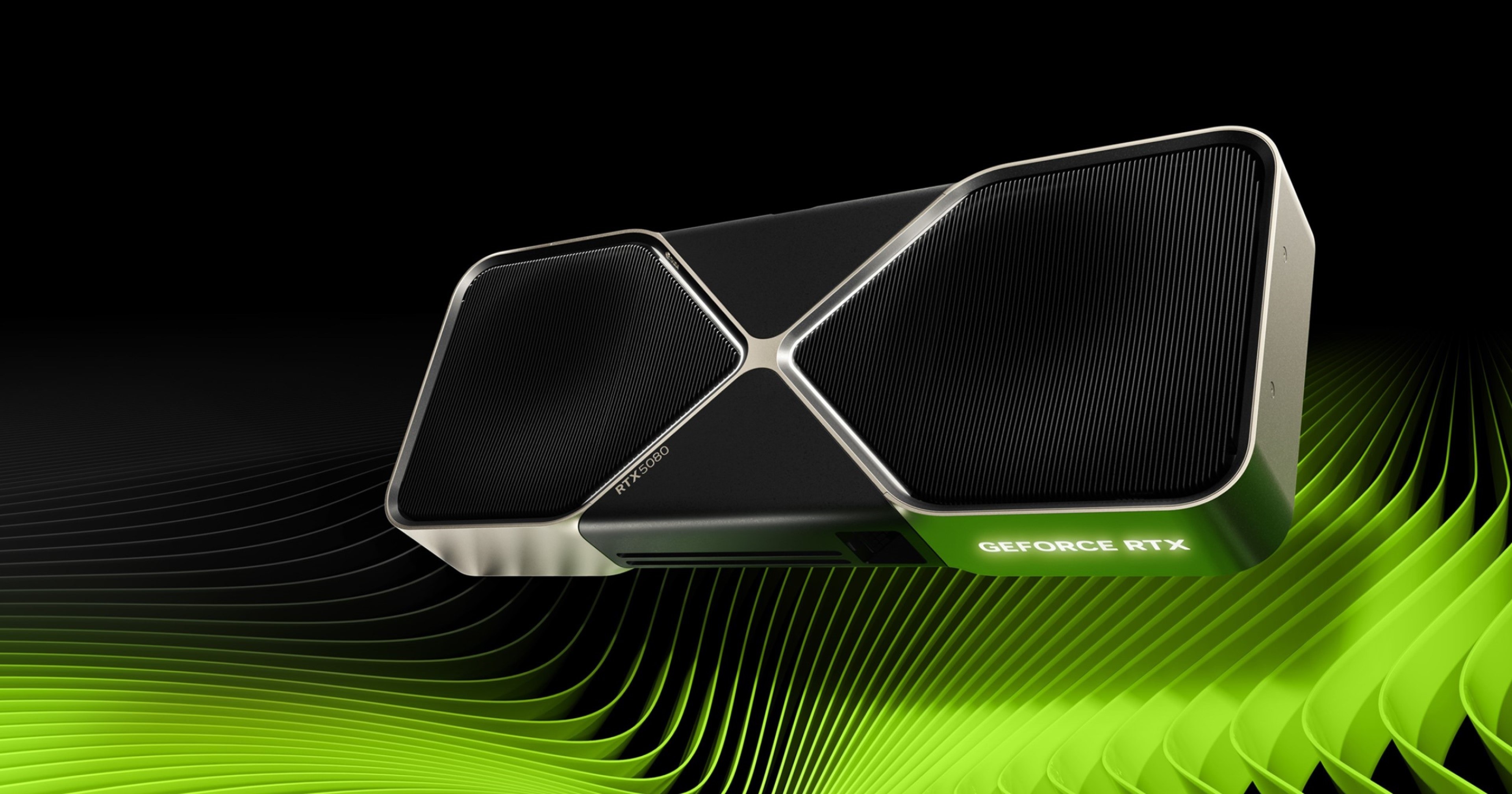 Yeşil arka planda Nvidia RTX 5080 GPU.