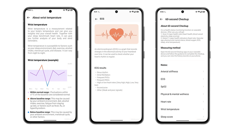 Sağlık verilerini gösteren üç akıllı telefon ekranı: bilek sıcaklığı, EKG ve 60 saniyelik kontrol ayrıntıları. Sağlık verilerini gösteren üç akıllı telefon ekranı: bilek sıcaklığı, EKG ve 60 saniyelik kontrol ayrıntıları.