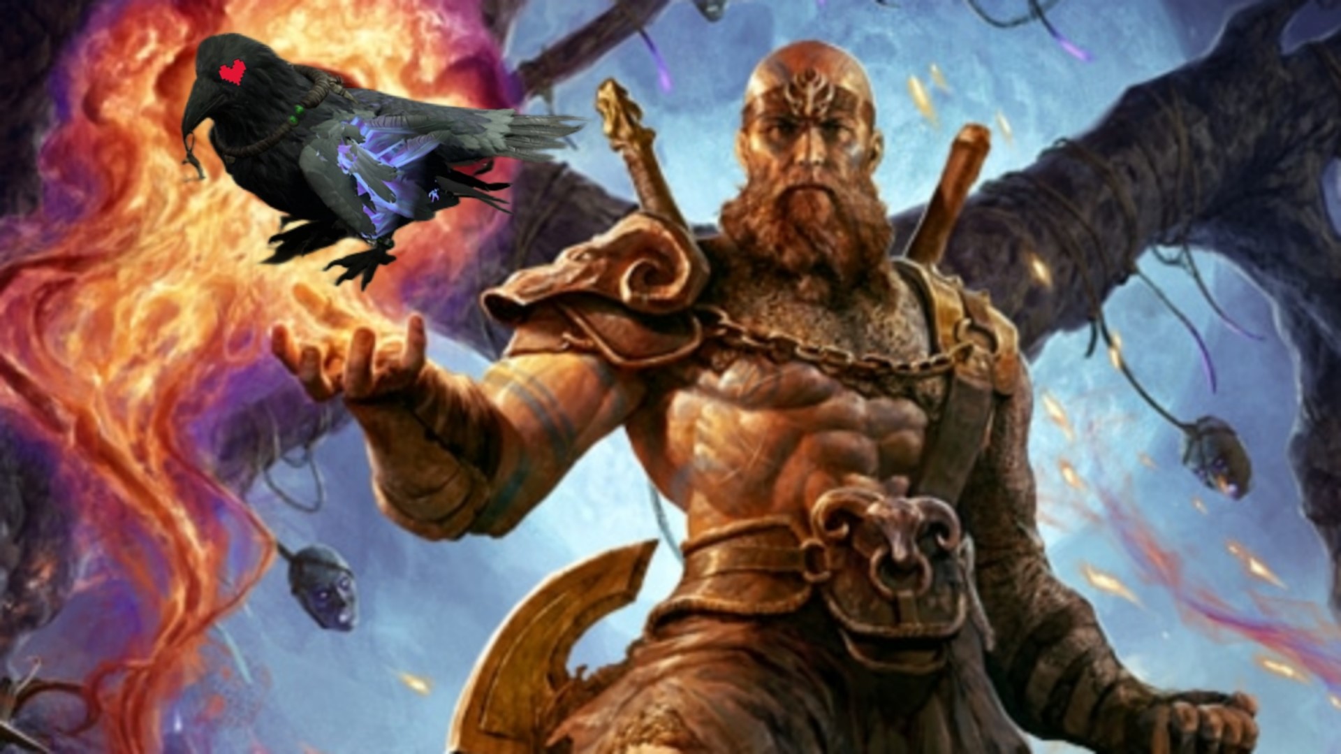 Diablo Barbar elinde bir Kuzgun tutuyor