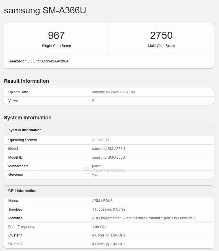 Telefon Geekbench listesinde görüldü. | Resim kredisi - MySmartPrice - Samsung Galaxy A36 5G orta sınıf pazara girmeye hazırlanıyor