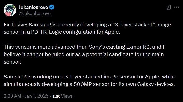 Sızıntıyı yapan kişinin tweet'i, Apple'ın iPhone 18 ile birlikte yeni Samsung görüntü sensörü teknolojisine yöneleceğini söylüyor. | Resim kredisi-@Jukanlosreve - Samsung, Galaxy telefonlar için 500 MP sensör geliştirirken iPhone için de yeni görüntü sensörleri üzerinde çalışıyor