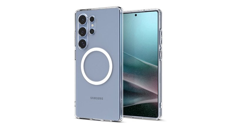 Samsung Galaxy S25 Ultra akıllı telefon, yuvarlak MagSafe benzeri tutucuyla gösterilen şeffaf kılıf.