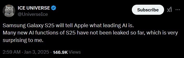Sızıntıyı yapan Ice Universe'den gelen Tweet, Samsung'un yakında Apple'a önde gelen yapay zekanın neyle ilgili olduğunu göstereceğini söylüyor. | Resim kredisi-@UniverseIce - Samsung'un Apple'a yapay zekanın aslında neyle ilgili olduğunu göstermek üzere olduğu bildiriliyor