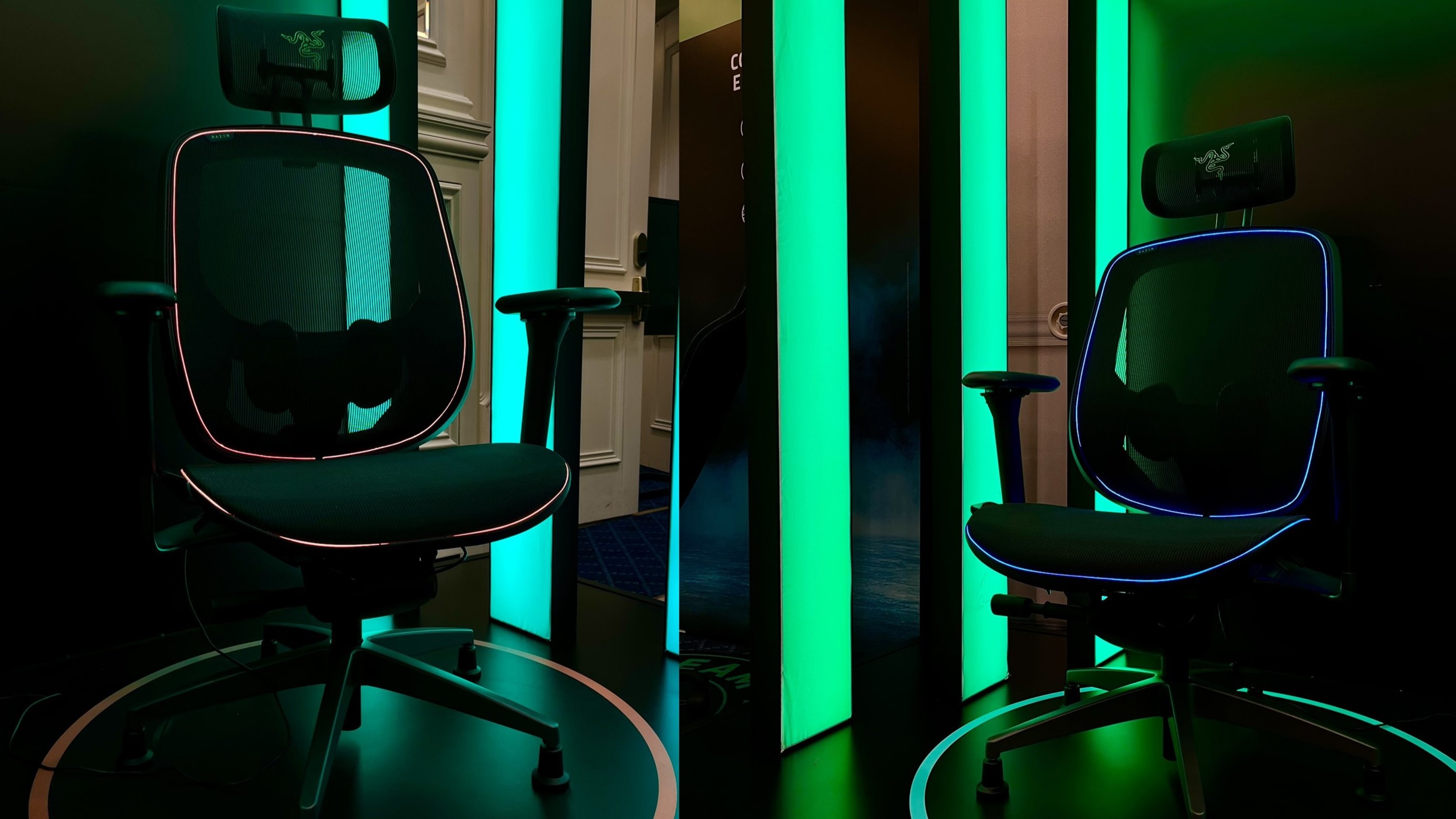 Razer Project Arielle, resimde iki fileli sandalye gösteriliyor, sol taraf kırmızı ışıkla aydınlatılıyor, sol taraf mavi ışıkla aydınlatılıyor.