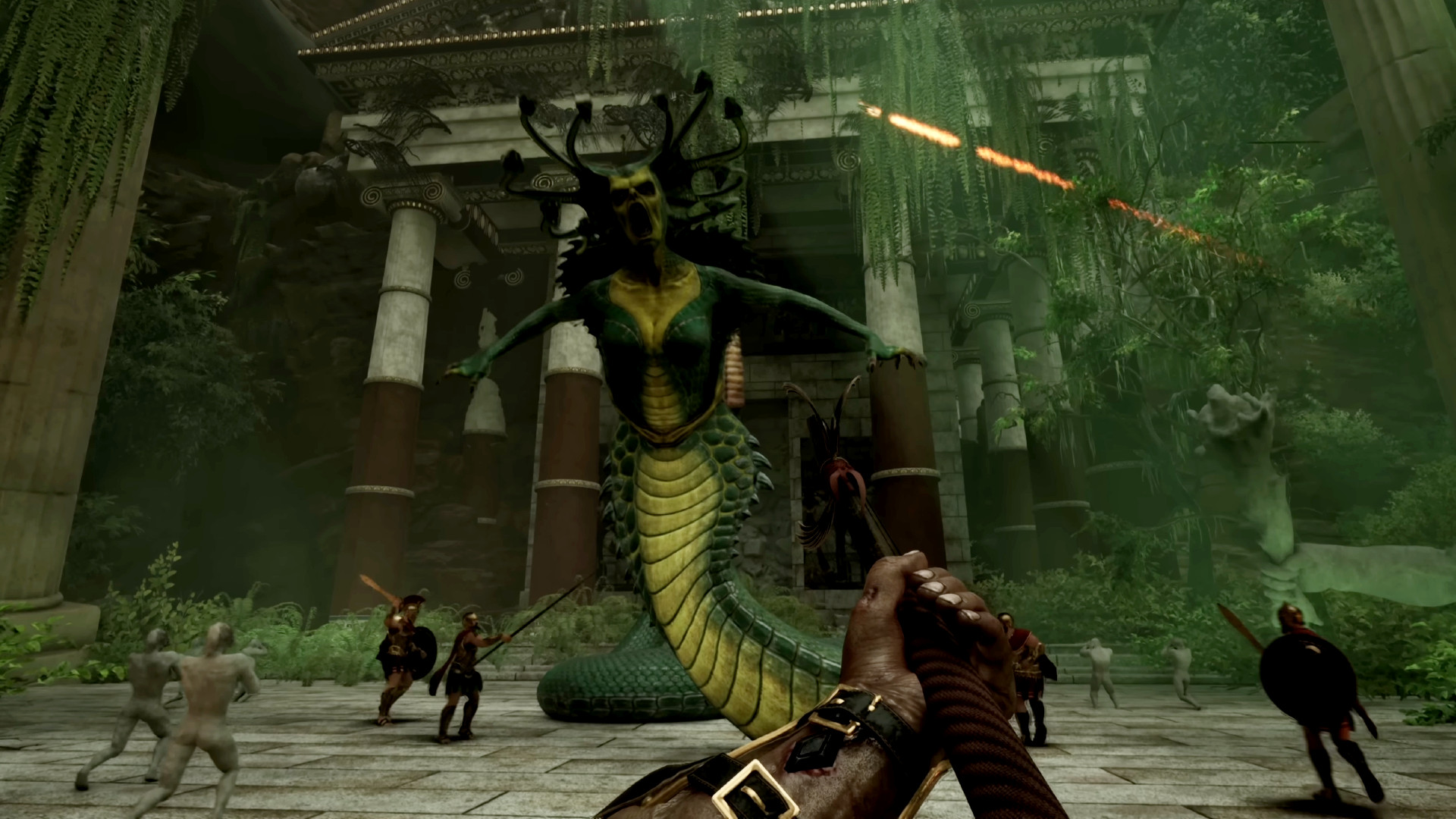 Ark Survival Ascished Astraeos haritası - Yunan zırhlı askerler, Medusa benzeri dev bir yaratıkla savaşır.