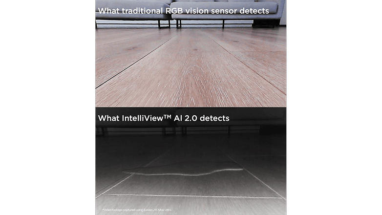 Geleneksel RGB görüntü sensörü ile zeminde IntelliView™ AI 2.0 algılama arasındaki karşılaştırma. Geleneksel RGB görüntü sensörü ile zeminde IntelliView™ AI 2.0 algılama arasındaki karşılaştırma.