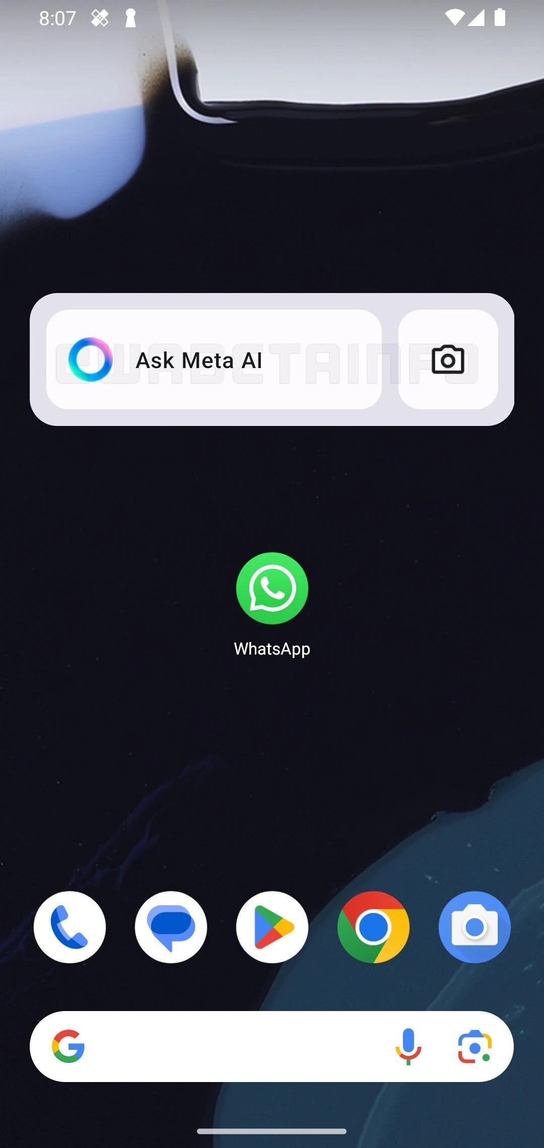 Bir Android telefonun Ana Ekranındaki Meta AI widget'ının ekran görüntüsü.