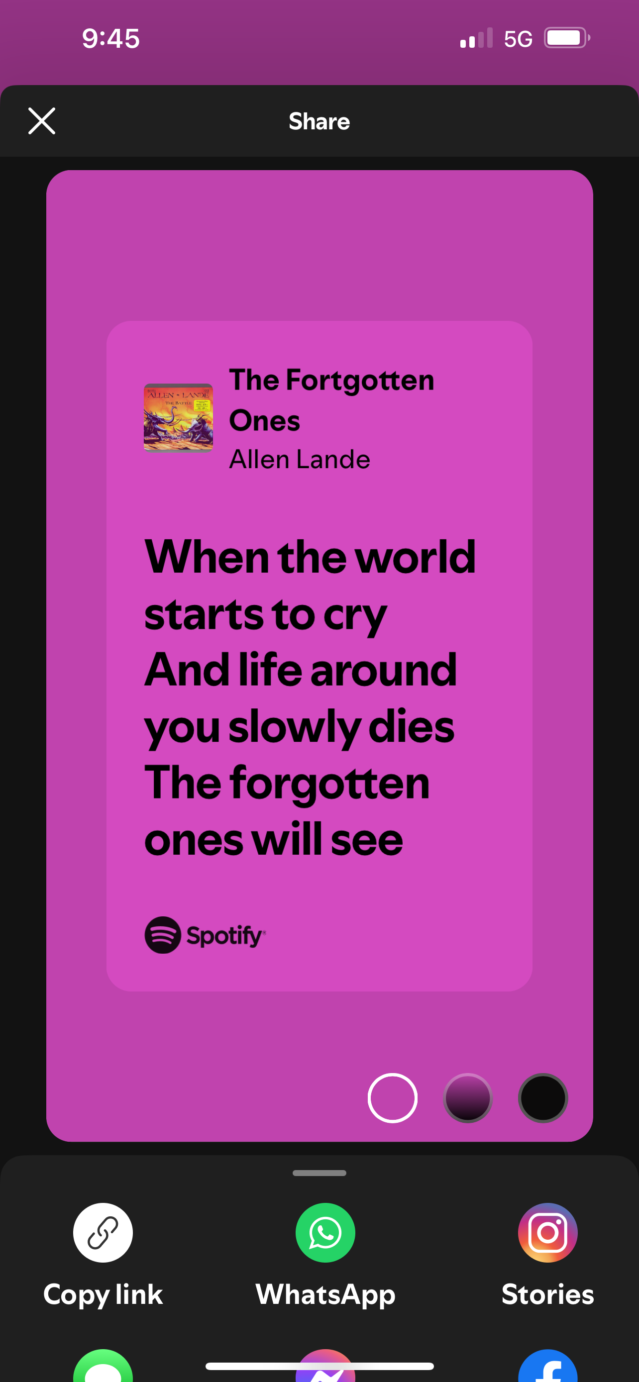 Spotify'ın şarkı sözü paylaşma özelliğinden ekran görüntüsü.