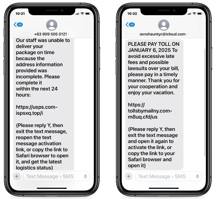 Apple'ın bağlantılara karşı korumasını devre dışı bırakarak yanıt vermenizi sağlamaya çalışan smishing metin örnekleri. | Resim kredisi-BeepingComputer - iPhone kullanıcılarının kişisel verilerini ve paralarını kaybetmelerine neden olan bu SMS numarasına kanmayın