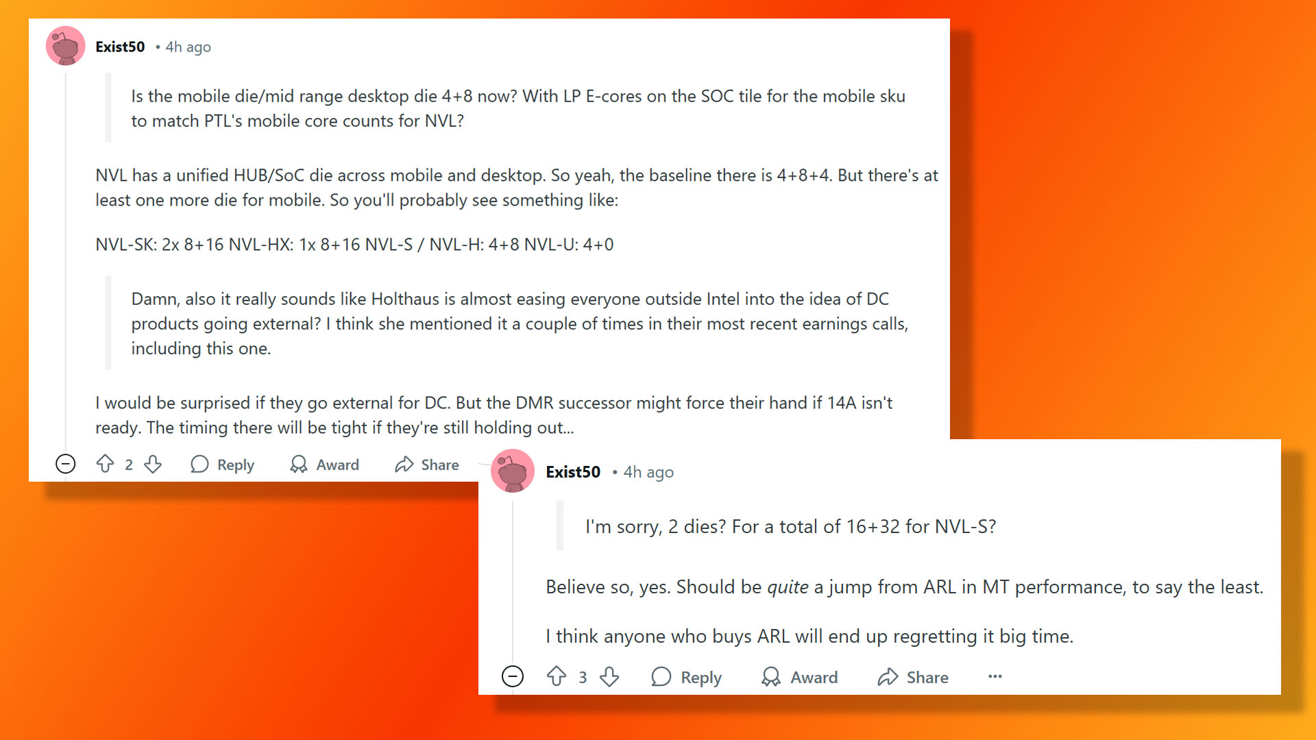 Intel Nova Lake ve AMD Zen 6 Cores Söylentisi, Reddit'te Expt50 tarafından spekülasyon.