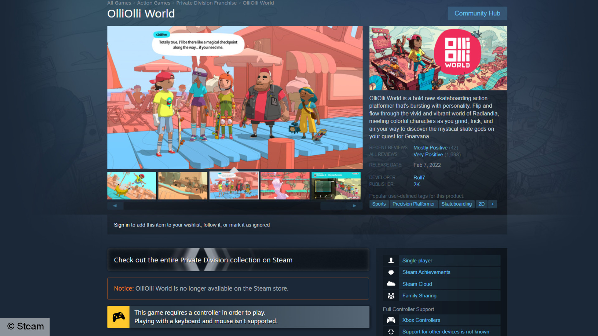 Olliolli World Steam Store sayfası - Bir mesaj okur, 