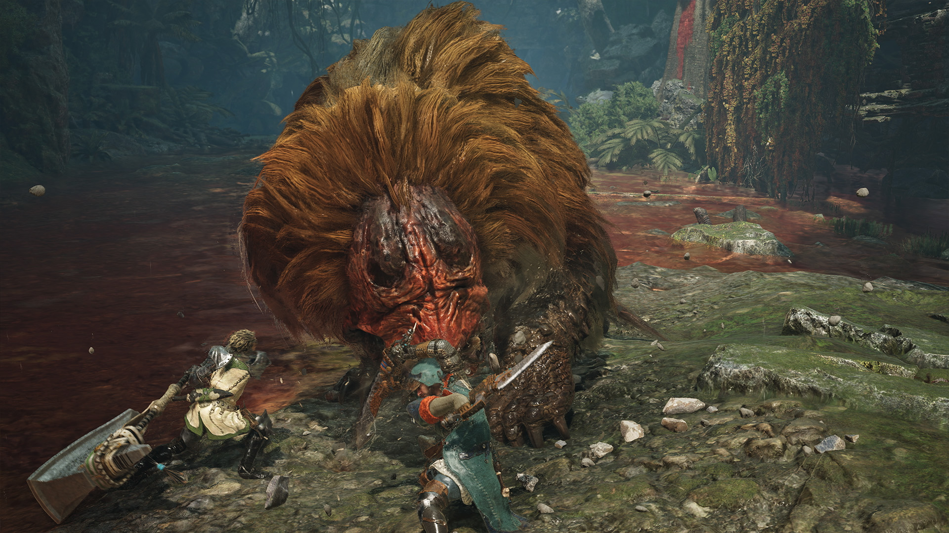 Büyük bir kürklü canavar geri çekilir ve Monster Hunter Wilds'te bir kılıç kullanan bir avcıya saldırır.