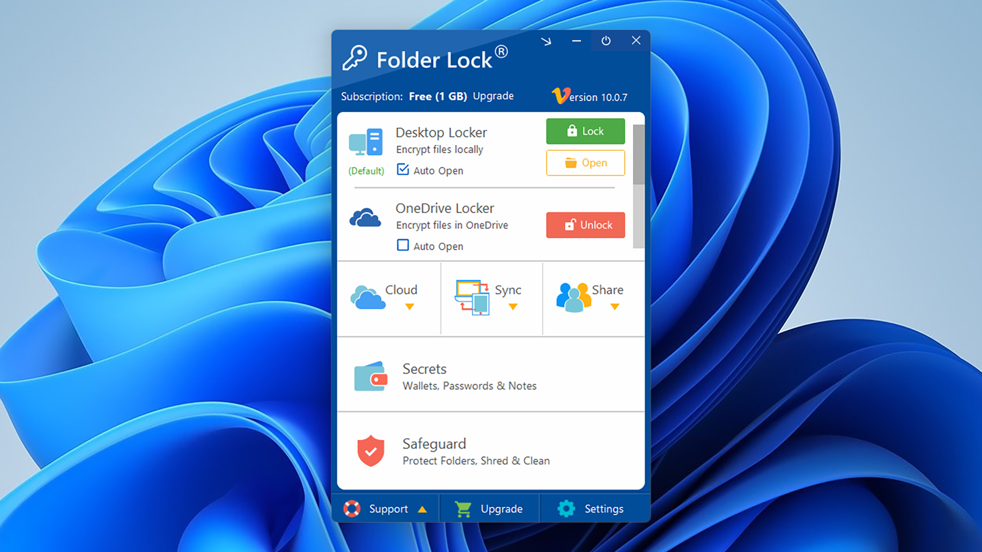 Masaüstü Dolap, OneDrive Locker, Sync, Share, Sırlar, Safeguard etiketli bölümlerle klasör kilit uygulamasını gösteren Windows ekran.