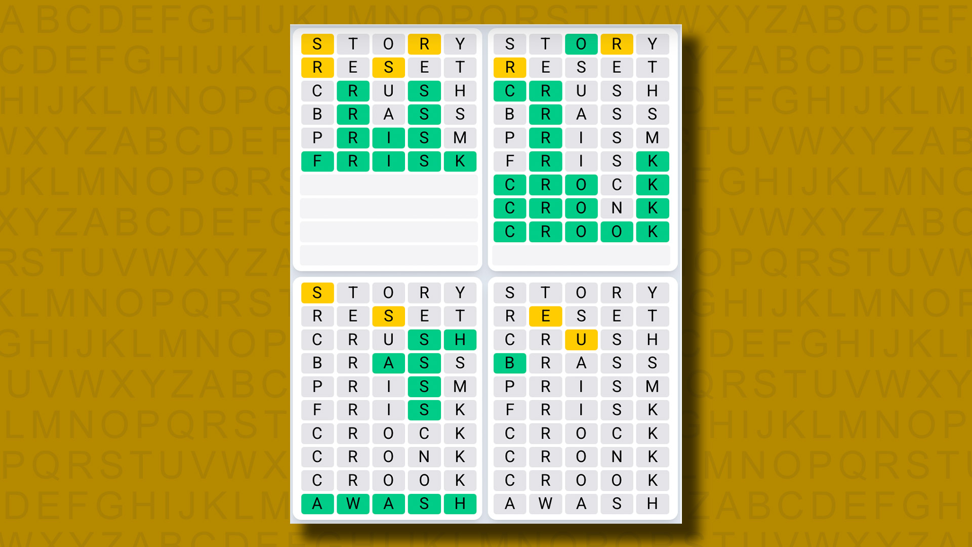 Quordle Daily Sequence, Sarı Arka Planda Oyun 1106 için Cevaplar