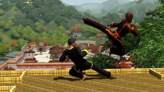 Sims'te dövüş sanatlarıyla savaşan iki adam.