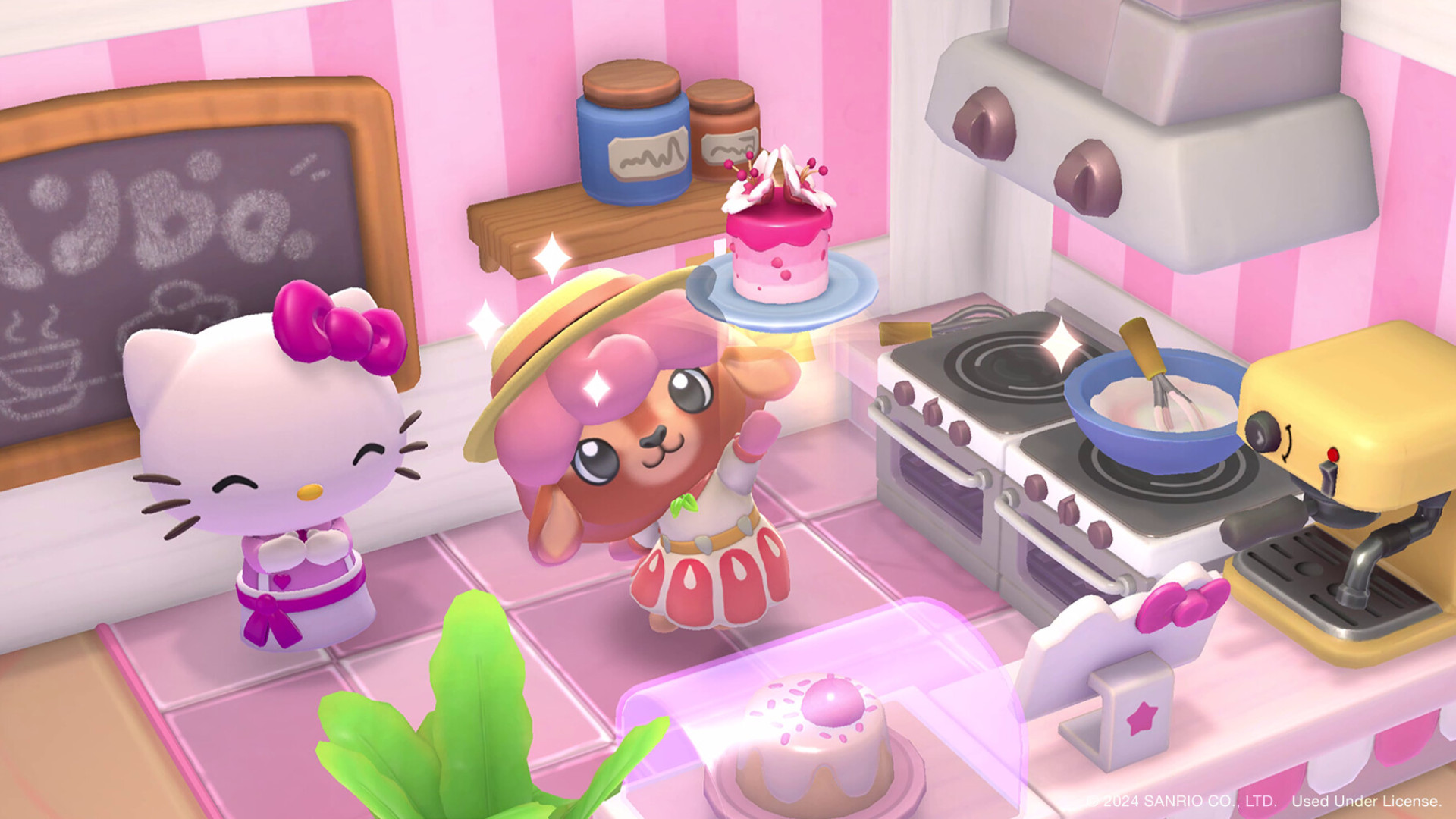 Hello-Kitty-Aland-macera-Mutchen-Cake Hello Kitty Island Adventure - Oyuncunun karakteri gururla bir pasta tutuyor.