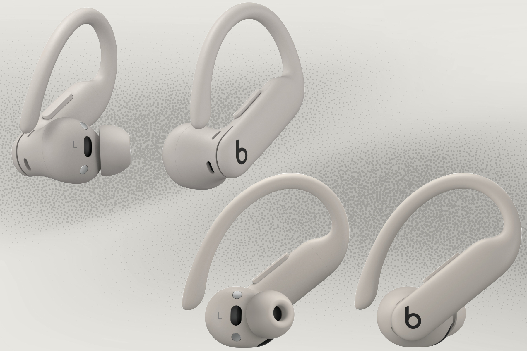 Bej gölgesinde Beats Powerbeats Pro 2'nin sızdırılmış renderleri.