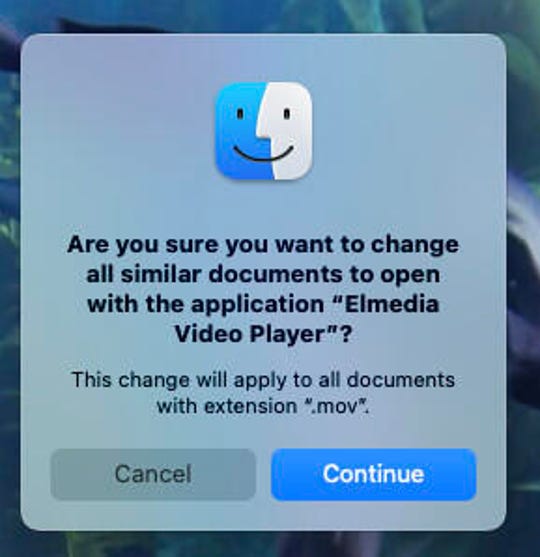 İletişim penceresi, macOS'taki varsayılan uygulamanın genel değiştirilmesi ile ilişkili devam ediyor