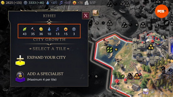 Turuncu bir kutu, CIV 7 uzmanını yerleştirip yerleştirmeyeceğini seçerken dikkate alınması gereken bir kasabanın istatistiklerini vurgular.