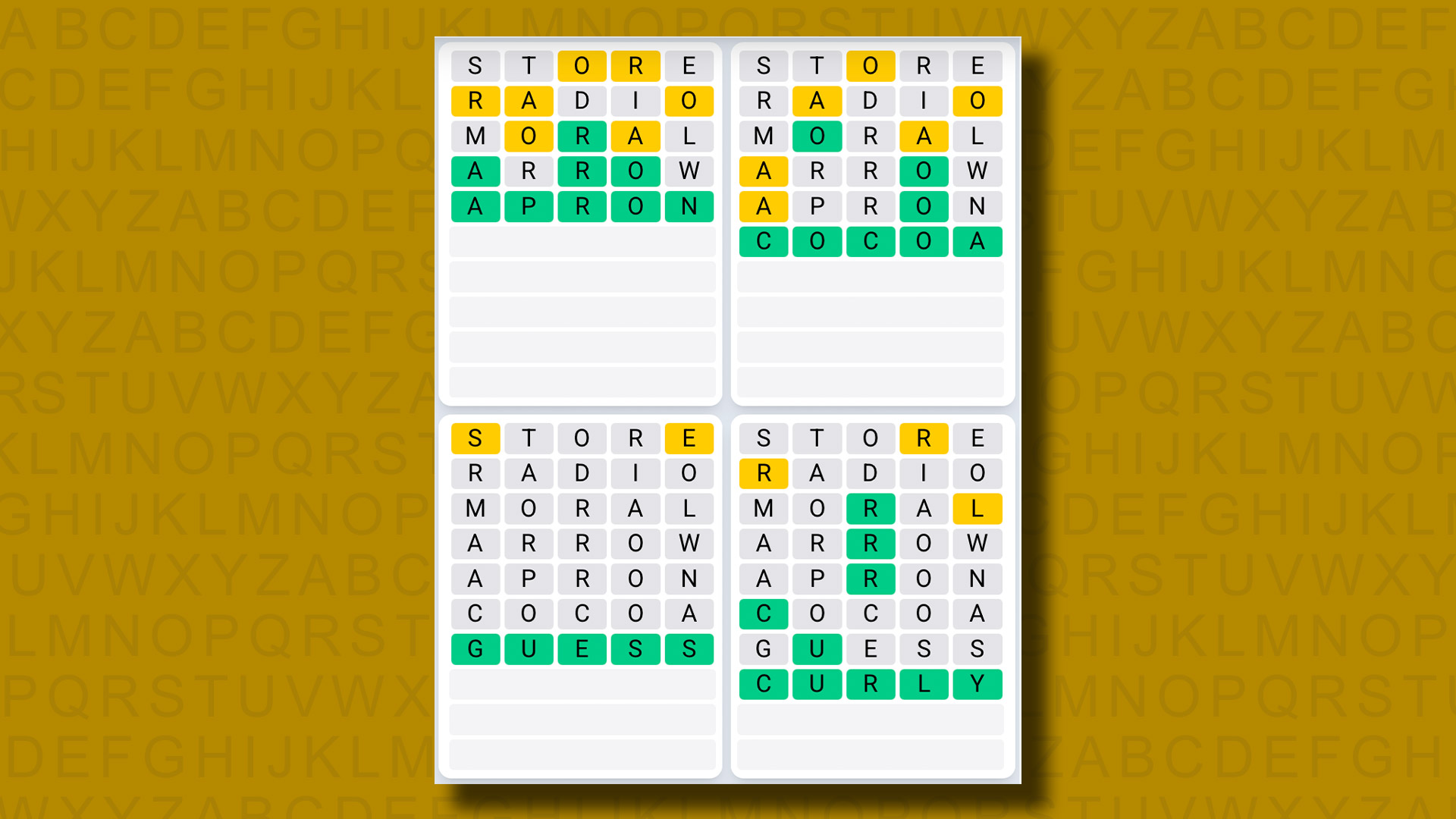 Quordle Günlük Sıra Yanıtları Sarı Arka Planda 1107 Oyun için Cevaplar