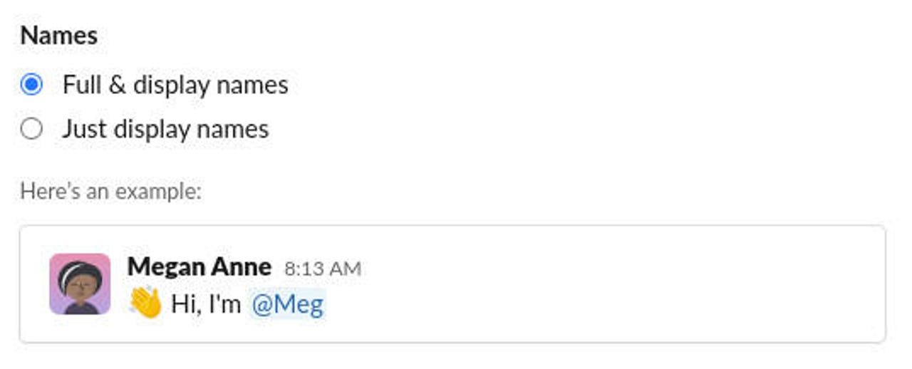 Tercihlerdeki Slack Adları Yapılandırma Bölümü.