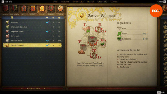 Kingdom'da Nasıl Tasarruf Yapılır Teslimat 2: Eski bir ders kitabından Kurtarıcı Schnapps'ı demleme için tarif ve yöntem tasvir eden bir sayfa.