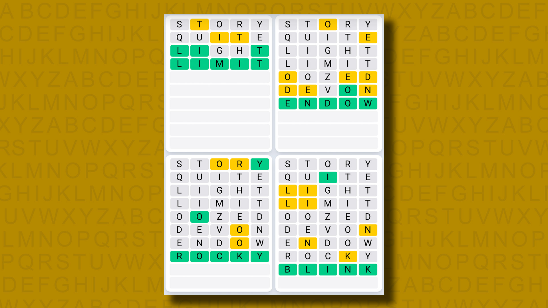Quordle Daily Sequence, Sarı Arka Planda Oyun 1109 için Cevaplar