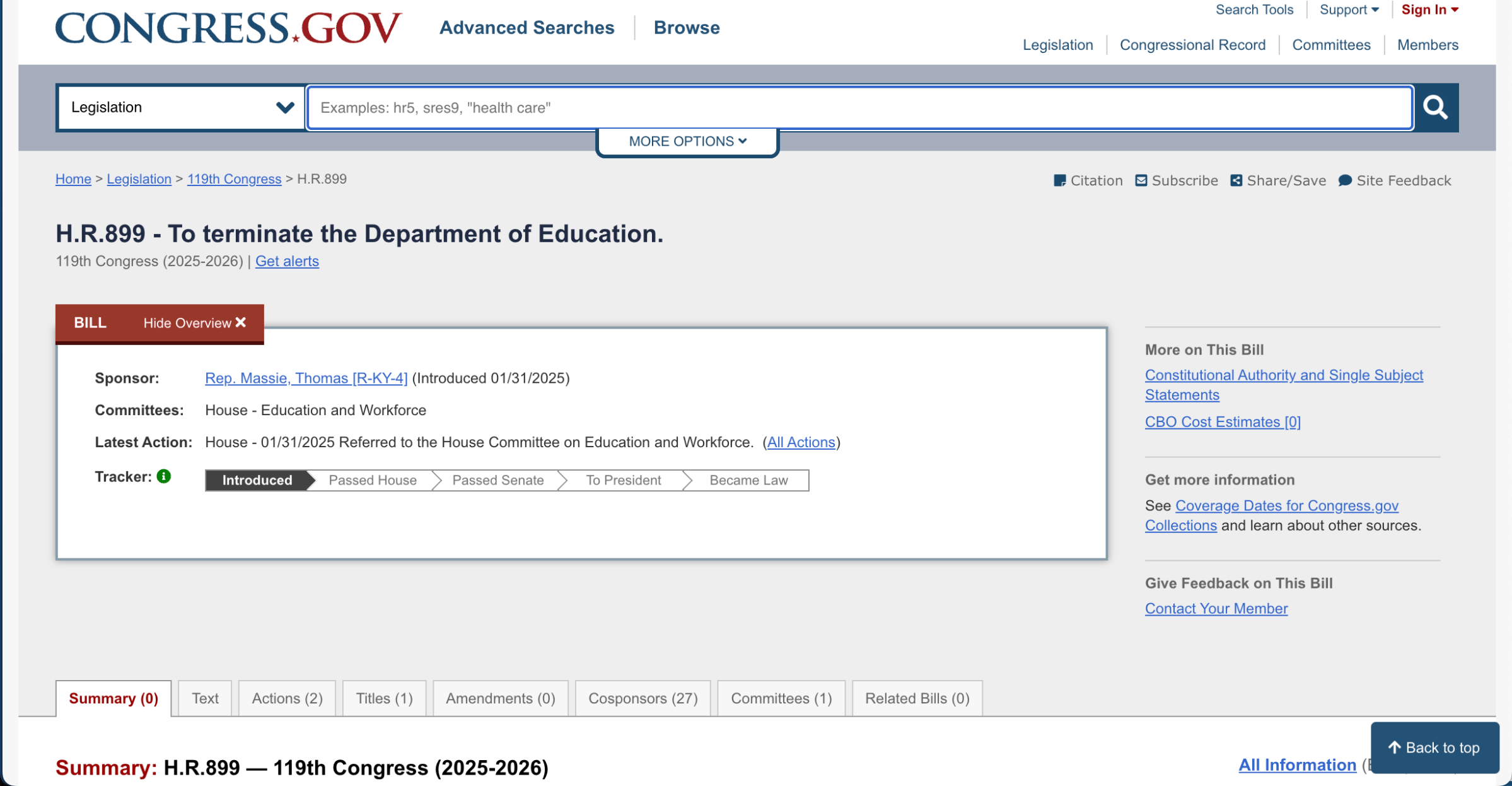 Kongre.gov Web sitesi Bill HR 899 - Eğitim Bakanlığı'nı feshetmek için bilgi gösteriyor.