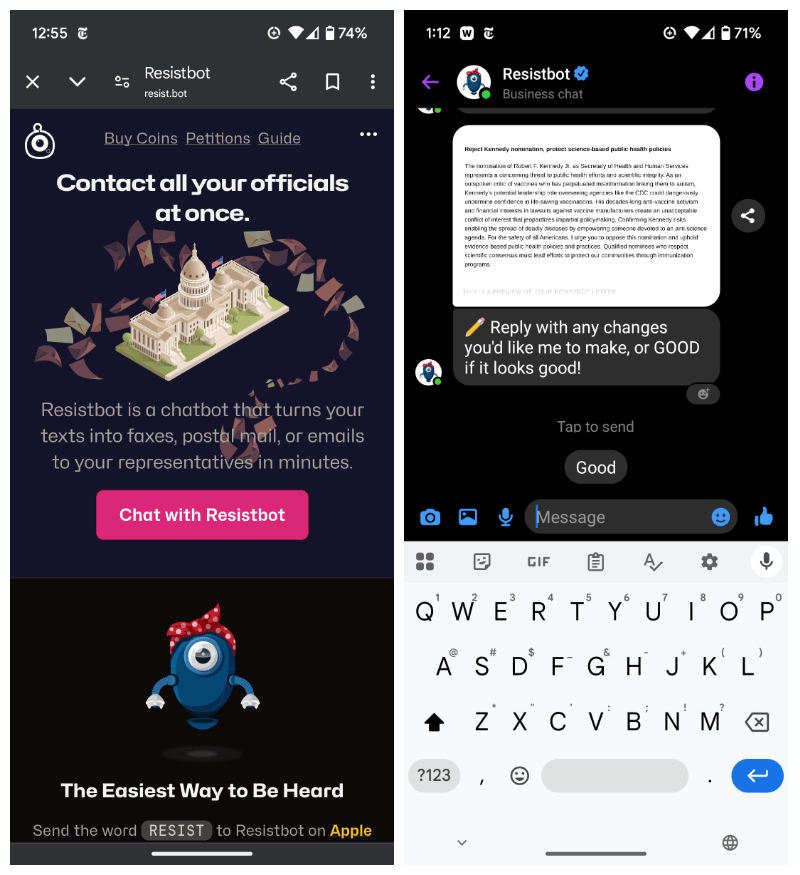 Sol: Dirençten mobil ekran, sermaye binasının bir grafiği ve “DiristBot ile sohbet” diyen bir düğme ile “Tüm yetkililerinizle aynı anda iletişime geçin”. Doğru: PDF'ye sahip bir metin akışı ve okunması zor bir metin akışı ve “Yapmamı istediğiniz değişikliklerle tekrar oynayın ya da iyi görünüyorsa iyi!”