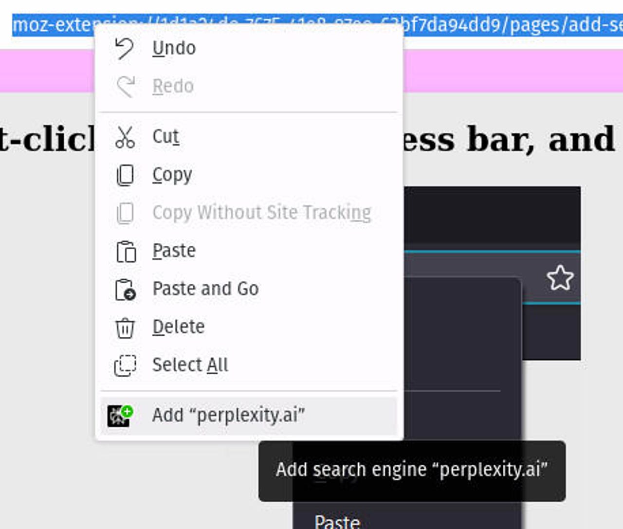 Firefox adres çubuğu sağ tıklama açılır.