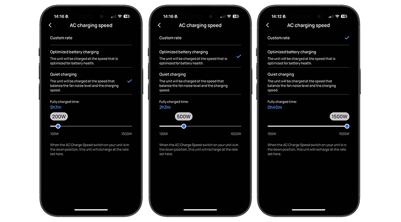 Üç akıllı telefon, Ecoflow Delta 3 Plus için AC şarj hızı ayarlarını gösterir.
