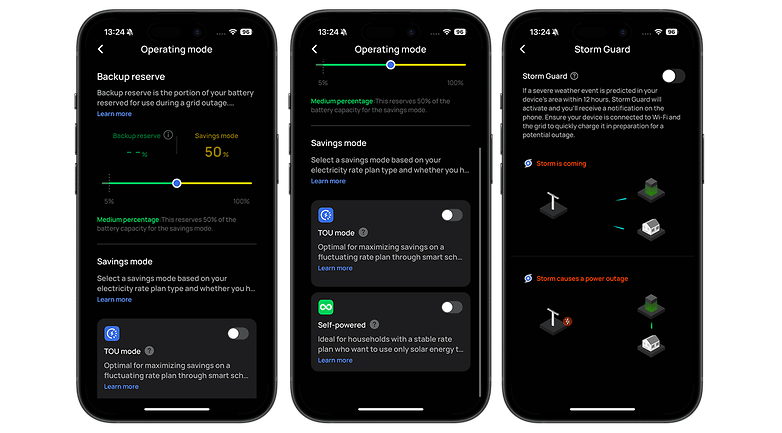 Ecoflow Delta 3 Plus'ın çalışma modlarını görüntüleyen üç akıllı telefon ekranı: Yedek rezervasyon, tasarruf modu ve fırtına koruması.
