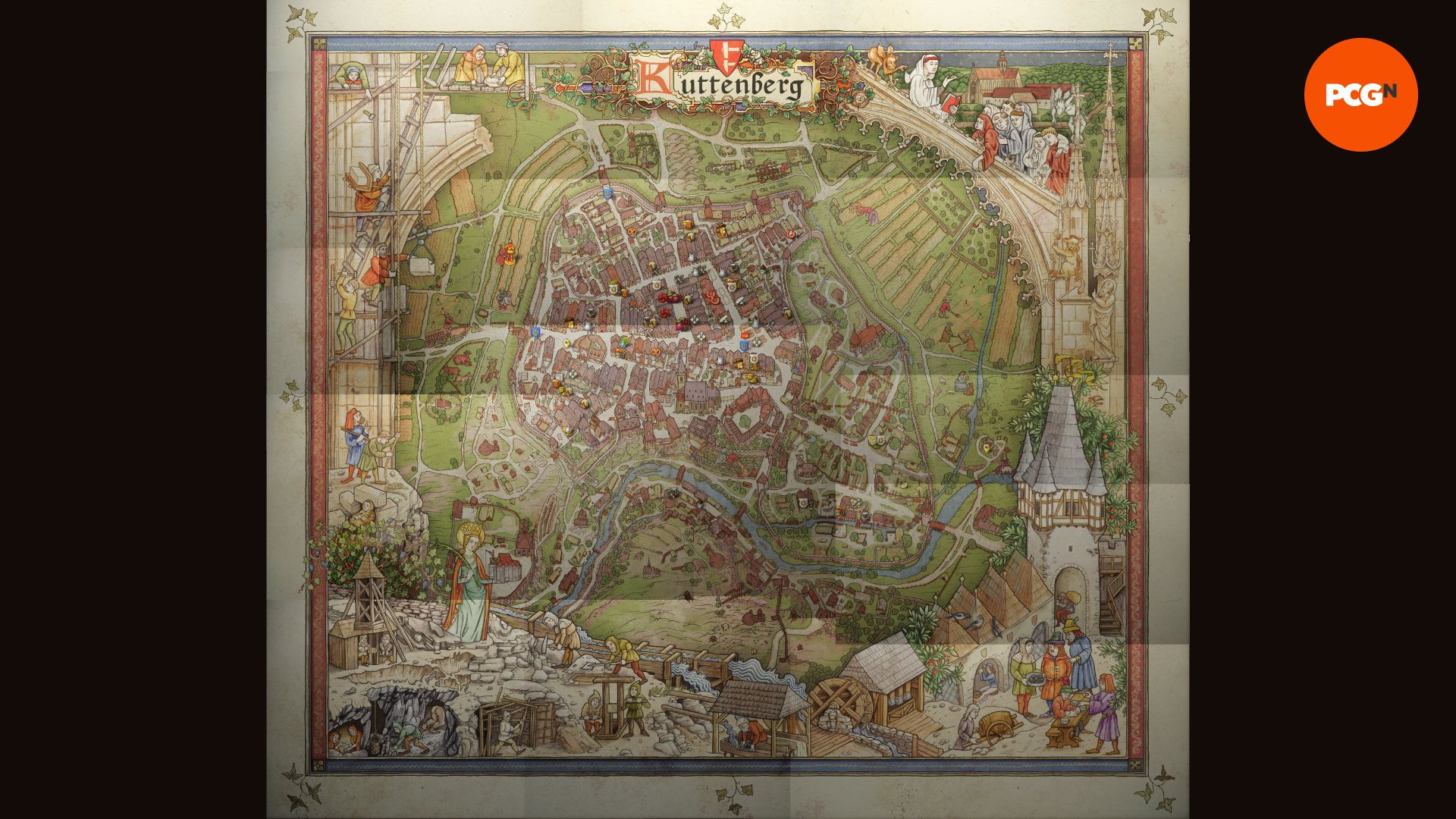 KCD2-MAP-Kuttenberg Krallık Gelin Kurtuluş 2 Haritası: Ortaçağ Şehri Kuttenberg'i tasvir eden eski, sararmış bir harita.