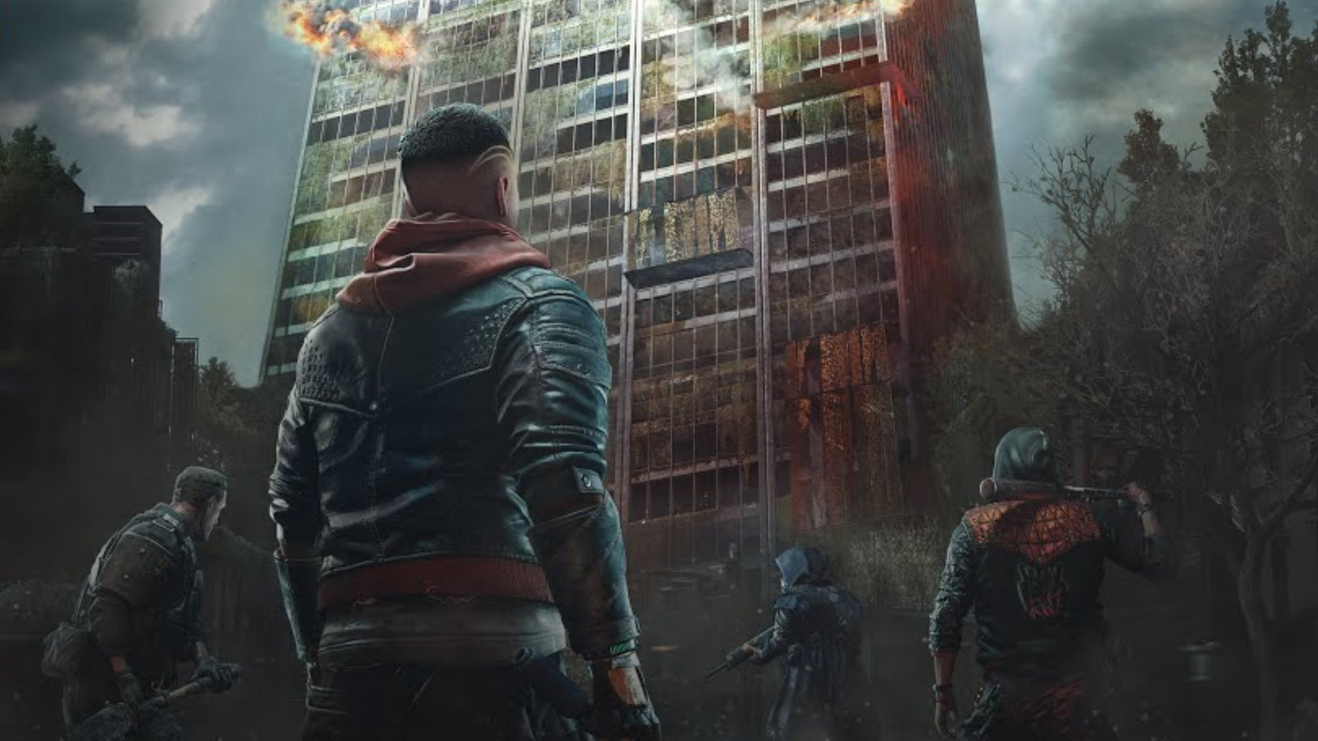 Dying Light 2 Tower Raid - Dört kişi bir apartman bloğuna bakıyor.
