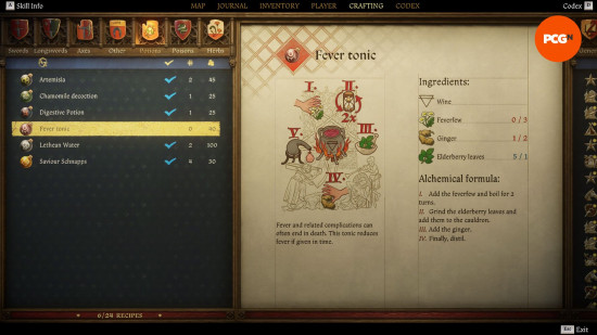 KCD2, zil görevlisi arayışı: eski bir simya kitabından ateş tonik iksiri tarifini gösteren bir sayfa.