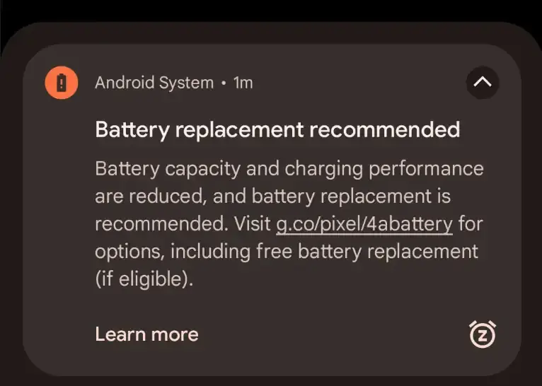 Pil Değiştirme Bildirimi. | Resim Kredisi - Android Authority - Pixel 4A Pil Fiyasko: Google, görünüşe göre pilinizi yarıya indirdi ve daha fazlasını karıştırdı, ama neden?