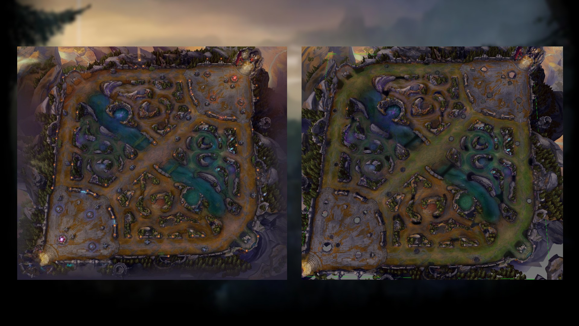 League of Legends 'Noxus haritasının iki versiyonunun bir görüntüsü, biri diğerinden biraz daha parlak