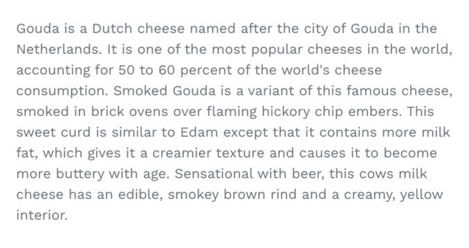 Gouda peynirinin bu ürün açıklaması, Gemini AI'nin yazmadığını kanıtlayan 2000 web sitesinde bulundu. | Image Credit -Verge - Google'ın Super Bowl Reklamından Kesik Tamamen Yapıldığı Gemini AI Sahnesi
