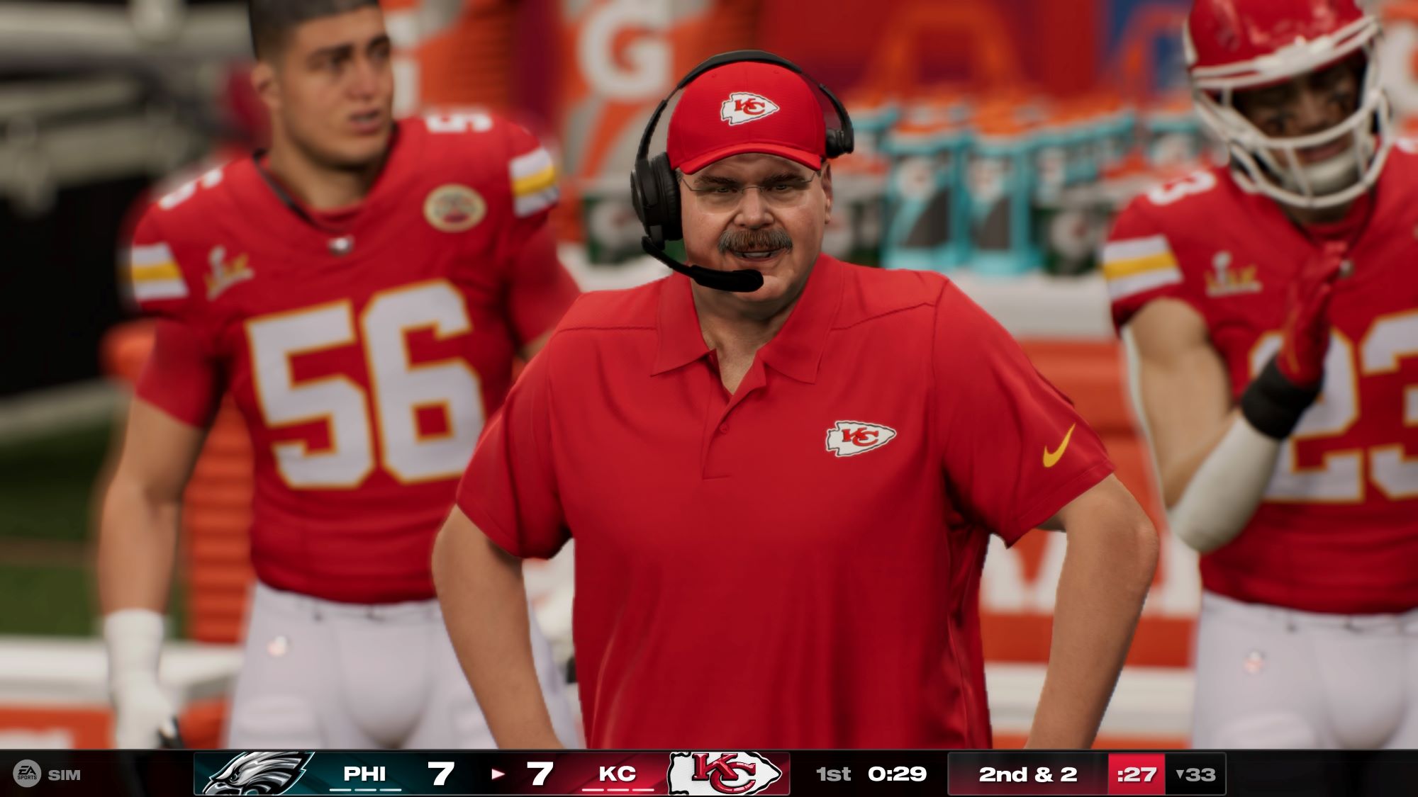 Kansas City Chiefs ve Philadelphia Eagles'ın yer aldığı Super Bowl Lix'in Madden 25 Sim'ünden görüntü